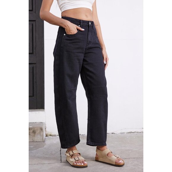 Women’s Baggy Wide Leg Mid Rise Cropped Denim Jeans with Pockets - Picture 6 of 7